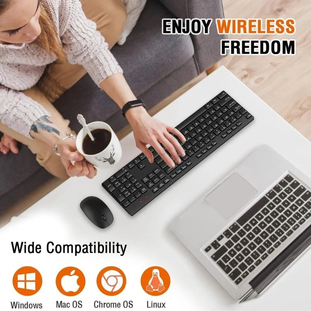 Wireless Keyboard and Mouse Combo, EDJO Silent Full Size Cordless USB Keyboard M